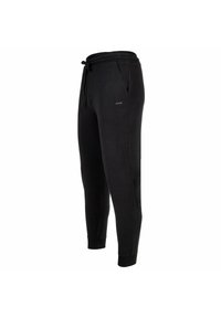 Černé jogger kalhoty vyrobené z měkké tkaniny, s pasem na šňůrku, bočními kapsami a elastickými manžetami. Jemné logo detail na přední straně.