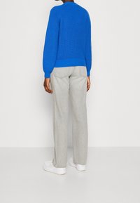 Pull en maille bleu avec un ourlet et des poignets côtelés, associé à un jean gris clair à jambe droite et des baskets blanches, vu de dos.