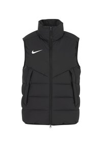 Schwarze Steppweste mit hohem Kragen, Reißverschluss und Seitentaschen. Mit einem weißen Nike-Logo auf der Brust. Glatte Textur und gepolstertes Design.