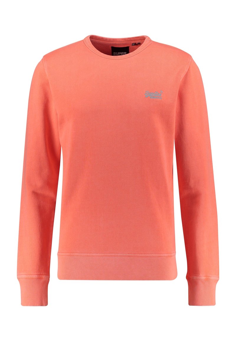 Sweat-shirt corail à manches longues avec col rond et petit logo gris brodé sur la poitrine gauche, poignets et ourlet côtelés.