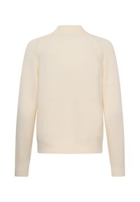 Pull crème à manches longues avec poignets, ourlet et col montants côtelés, vu de dos sur fond blanc.