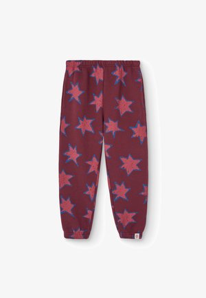 Bordeauxkleurige broek met een sterpatroon in roze en blauw. Bevat een elastische tailleband, taps toelopende enkels en een klein logo-label aan de zoom.