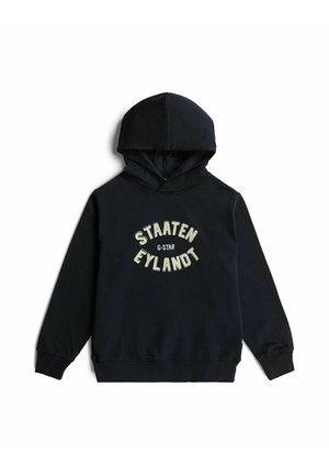 Czarna bluza z kapturem i długimi rękawami z nadrukiem ""STAATEN EYLANDT G-STAR"" jasnymi literami z przodu.