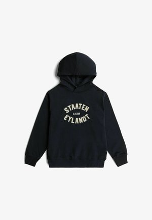Sweat à capuche noir à manches longues avec ""STAATEN EYLANDT G-STAR"" imprimé en lettres claires sur le devant.
