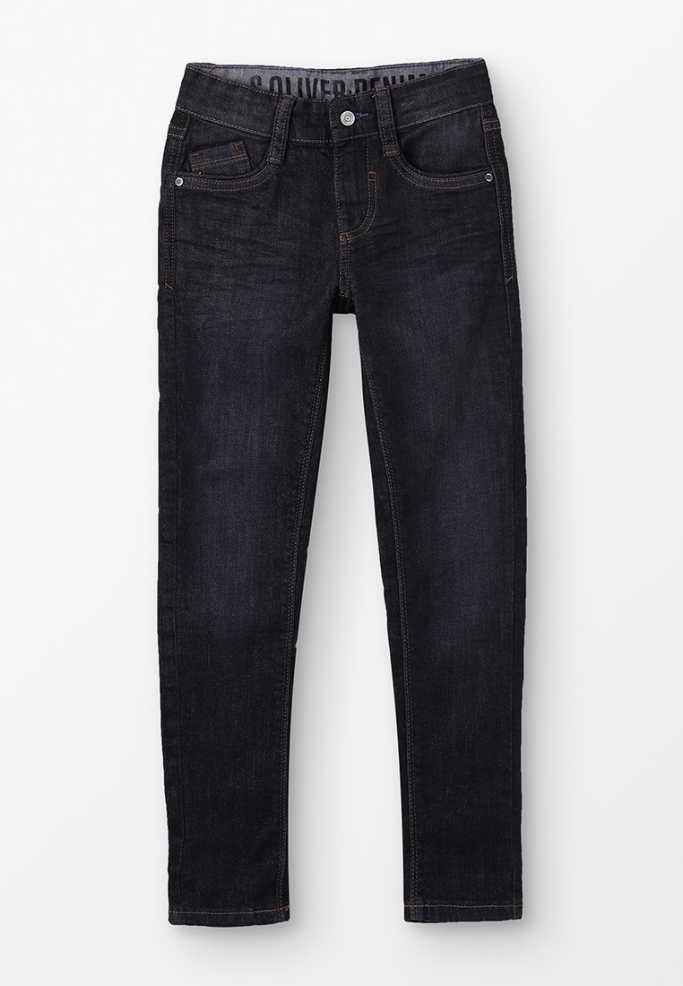 Jean en denim foncé avec une coupe slim, doté de cinq poches, d'une braguette à boutons et de surpiqûres contrastées le long des coutures.