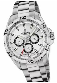 Montre chronographe en acier inoxydable avec un cadran blanc, sous-cadrans noirs, marqueurs argentés et un affichage de la date. Dispose d'un bracelet en métal et d'une résistance à l'eau.
