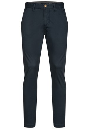 Dark navy chinos with a fitted design, made from cotton blend fabric. Features a front button, belt loops, and side pockets.