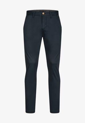 Dunkelblaue Chinos mit taillierter Passform, aus einem Baumwoll-Mischgewebe gefertigt. Mit einem Knopfverschluss vorne, Gürtelschlaufen und seitlichen Taschen.