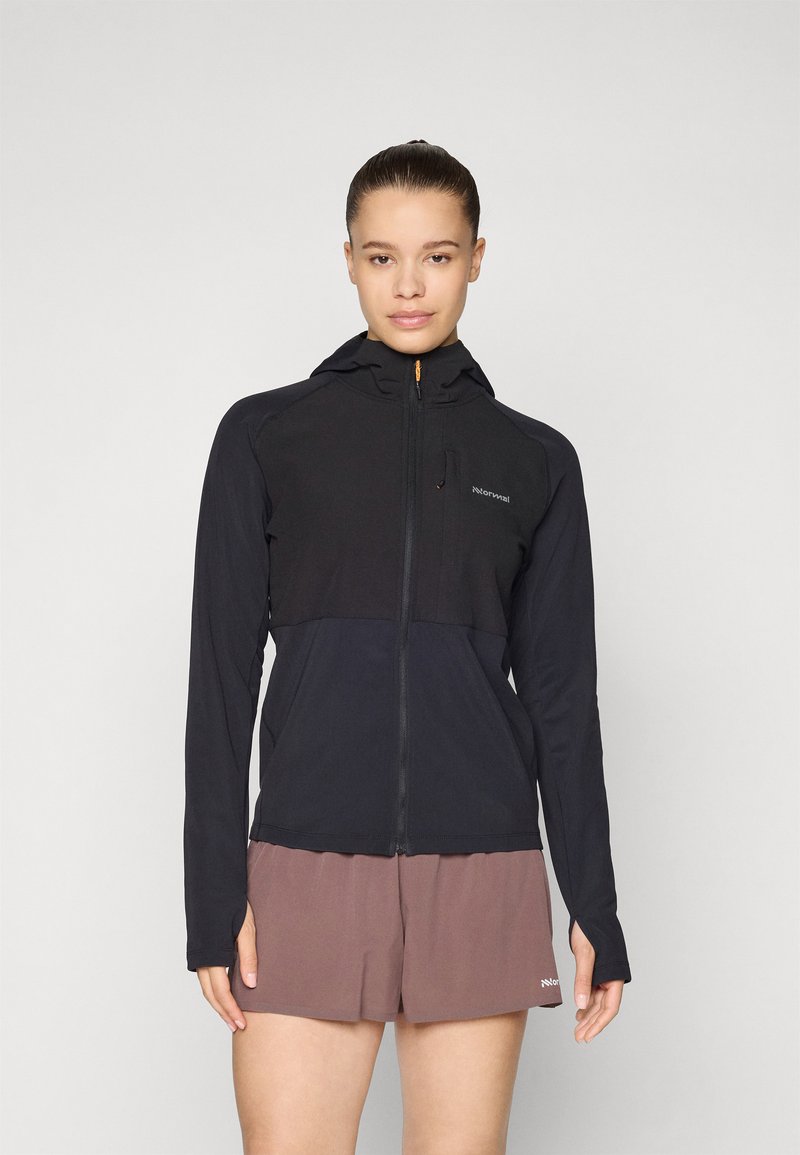 Black zip-up jacket with a hood, featuring contrasting panels and a sleek design. Lightweight fabric with a fitted silhouette.