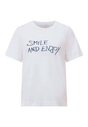 Bílý bavlněný tričko s námořnickým grafickým textem "SMILE AND ENJOY", s volným střihem a krátkými rukávy. Jednoduchý a čistý design.