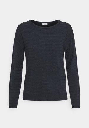 Dunkelblauer Pullover mit langen Ärmeln, gerippter Textur und horizontalem Streifenmuster. Schlichter runder Halsausschnitt und taillierter Saum. Weiches Material.