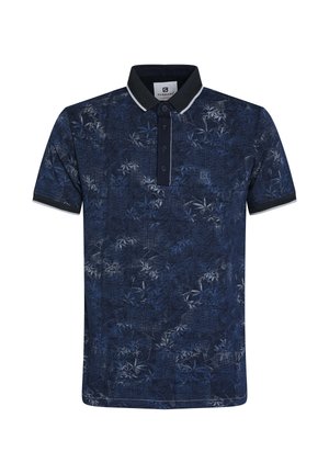 Marineblauwe poloshirt met een bladpatroon, knoopsluiting en contrasterende kraag en mouwmanchetten. Gemaakt van zachte stof met een gestructureerde uitstraling.