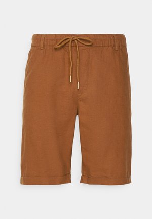 Braune Leinenshorts mit einem Kordelzugbund, einfachem Design, seitlichen Taschen und umgeschlagenen Säumen. Weicher Stoff und atmungsaktives Material.