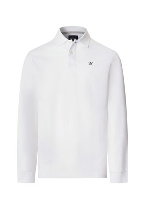 Weißes Langarm-Polo-Shirt mit Kragen, zwei Knöpfen und kleinem schwarzen, gekreuzten Schläger-Logo auf der linken Brust.