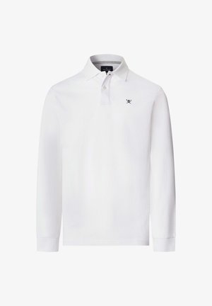 Polo a maniche lunghe bianco con colletto, due bottoni e piccolo logo con pipistrelli incrociati neri sul petto sinistro.