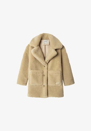 Beige Kunstfellmantel mit großer Knopfverschluss, zwei Fronttaschen und klassischem Reverskragen. Weicher, strukturierter Stoff mit lockerer Passform.