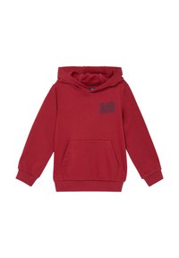 Rode katoenen hoodie met een voorzak, ribbelboorden en een capuchon; bevat zwarte tekst met "BIG SHOW WONDER DOME" op de borst.