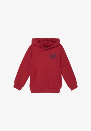Roter Baumwollhoodie mit einer Vordertasche, gerippten Bündchen und einer Kapuze; mit schwarzem Text "BIG SHOW WONDER DOME" auf der Brust.