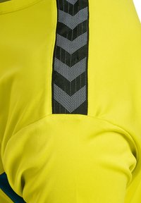 Gul atletisk t-shirt med en svart chevronmönstrad detalj längs den högra sömmen. Tillverkad av mjukt, andningsbart tyg med en slät textur.