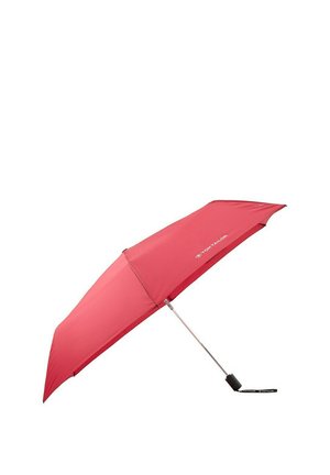 Red umbrella with a lightweight frame, sleek design, smooth fabric texture, and a black handle featuring branding.