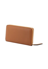 Brown leather wallet with a smooth texture, rectangular shape, and gold zipper. Features a wrist strap for easy carrying.