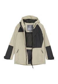 Giacca impermeabile beige e nera con cappuccio, zip frontale e due tasche laterali. Presenta un design a blocchi di colore e una fodera interna in rete.