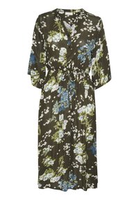 Dunkelgrünes Blumenkleid aus leichtem Stoff, mit durchgehender Knopfleiste, Taillenschnürung und locker sitzenden Dreiviertelärmeln.