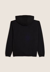 Felpa nera con cappuccio dal tessuto morbido, con polsini e vita a coste. La vista posteriore mostra un design semplice senza decorazioni.