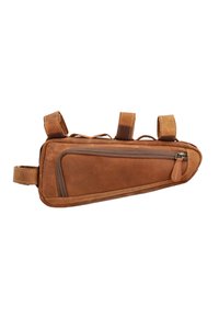 Brown leather bike frame bag with a zippered pocket, adjustable straps, smooth texture, and a streamlined design.