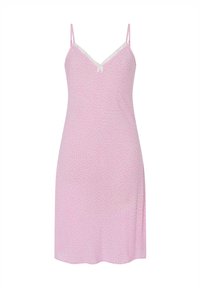 Vestido de dormir rosa con tirantes finos, escote en V, ribete de encaje y un patrón de lunares. Tela suave, ajuste ligeramente holgado y una abertura lateral.