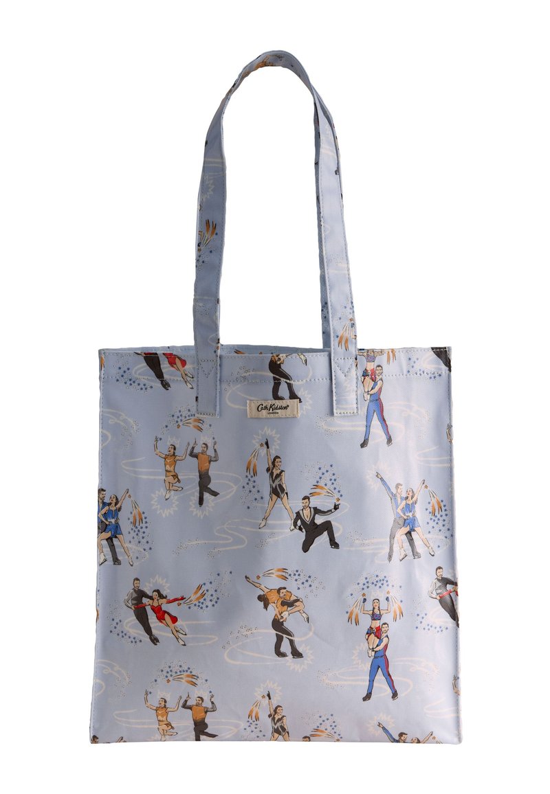 Geantă de umăr albastru deschis cu perechi de patinaj artistic în stil vintage, în costume colorate, prezentând poziții dinamice și urme de scântei, etichetată Cath Kidston.