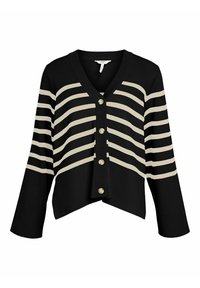 Cardigan nero con strisce orizzontali crema, con scollatura a V, maniche lunghe e cinque bottoni frontali per la chiusura. Morbido tessuto a costine.