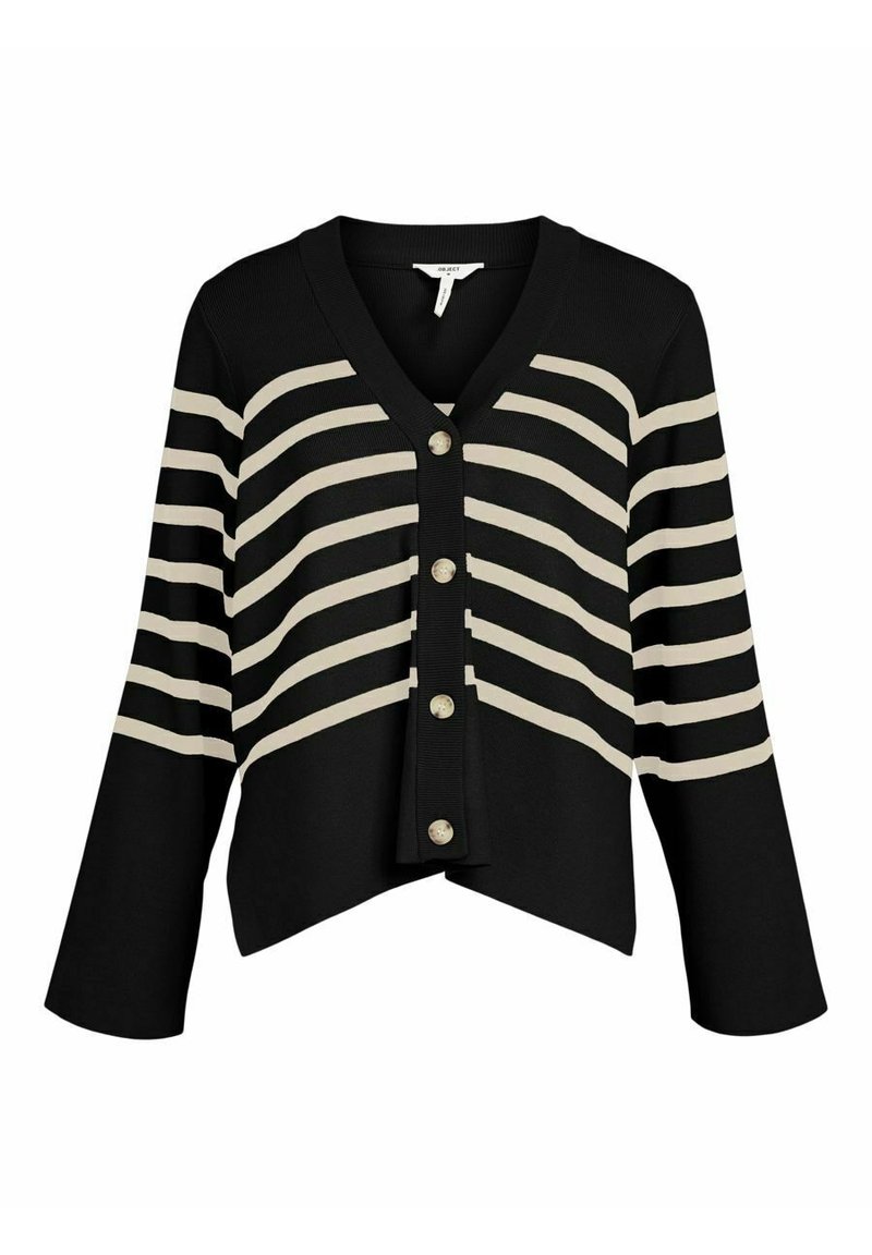 Cardigan noir avec des rayures horizontales crème, doté d'un col en V, de manches longues et de cinq boutons sur le devant pour la fermeture. Texture côtelée douce.