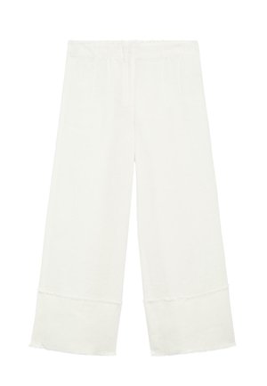 Hvide hørbukser med vidde ben, rå kanter og elastik i taljen. Har en afslappet pasform og let, tekstureret stof.