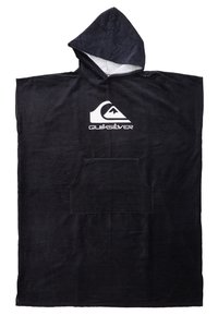 Svart huva poncho handduk gjord av mjukt tyg, med en framficka och en vit Quiksilver-logga på bröstområdet.