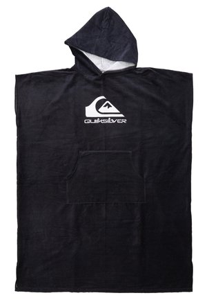 Schwarzer, kapuzenPoncho-Handtuch aus weichem Material, mit einer Vordertasche und einem weißen Quiksilver-Logo im Brustbereich.