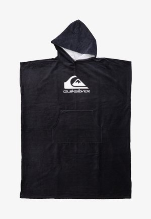 Schwarzer, kapuzenPoncho-Handtuch aus weichem Material, mit einer Vordertasche und einem weißen Quiksilver-Logo im Brustbereich.
