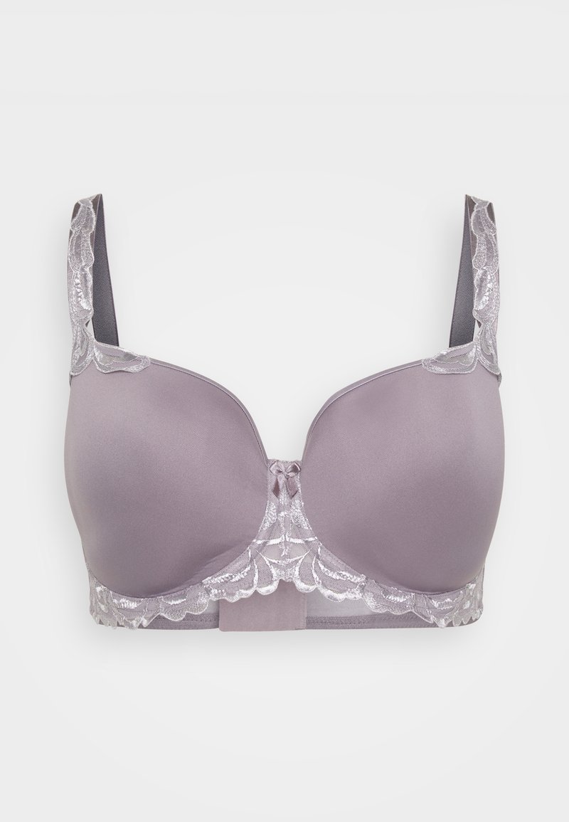 Biustonosz w delikatnym lawendowym kolorze z misternym koronkowym wykończeniem na miseczkach i ramiączkach. Ma usztywniane miseczki i gładką fakturę.