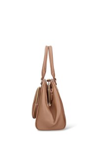 Sac à main en cuir marron clair avec une finition texturée, deux poignées et une poche zippée sur le côté. Forme arrondie avec un léger effet froissé.