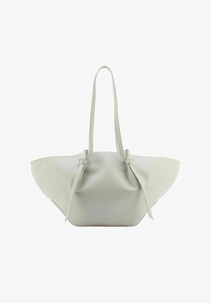 Weiche graue Leder-Shopper-Tasche mit weit geschwungenen Seiten, langen doppelten Schulterriemen und gebundenen Riemendetails vorne.