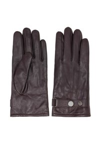Brązowe, skórzane rękawice z pięcioma palcami, gładką fakturą i zapięciem na guzik przy nadgarstku. Pikowane detale dodają subtelnego wzoru.