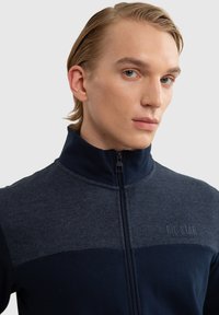 Jauns vīrietis ar atpakaļ sasukātu blondiem matiem, valkājot tumši zilu un pelēku džemperi ar rāvējslēdzēju un uz krūts redzamu "BIG STAR" logo.