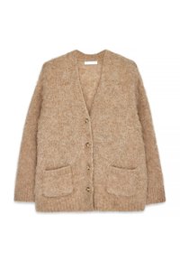 Bežinė megzta kardiganas su V formos iškirpte, keturiais auksiniais mygtukais, dviem priekinėmis kišenėmis ir minkštu, pūkuotu paviršiumi.