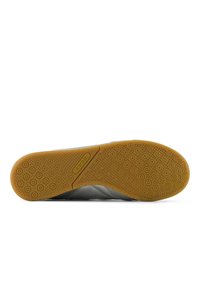 Gray sneaker featuring a gum rubber sole, smooth texture, rounded toe, and logo detailing on the side and sole.