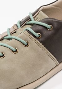 Bežová semišová bota s tmavě hnědými akcenty a mátově zelenými tkaničkami. Obsahuje kulaté mosazné očka a hladký, texturovaný povrch.