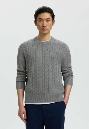 Jeune homme aux cheveux noirs portant un pull gris en maille torsadée et un pantalon foncé, debout, une main dans la poche, sur un fond uni.