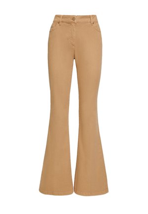 Smilšu krāsas izflējušas džinsi ar augstu jostasvietu, izgatavoti no denima. Iekļauj priekšējās kabatas, pogu aizdari un tīru apdari gar apakšmalu.