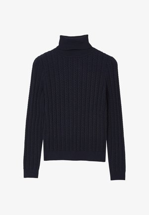 Maglione a collo alto in maglia blu navy con texture a costine, maniche lunghe e silhouette aderente. Nessun motivo o hardware visibile.