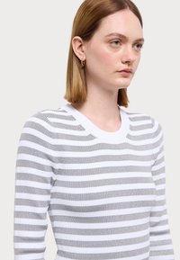 Maglione a righe bianco e grigio con texture a coste, dotato di scollo rotondo e maniche lunghe. Accentuato da sottili fili metallici.
