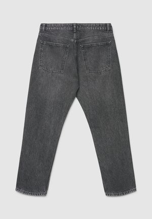 Jeans in denim grigio con vestibilità comoda, dotati di due tasche posteriori, finitura pulita e orli sfrangiati. Il tessuto presenta un aspetto leggermente strutturato.